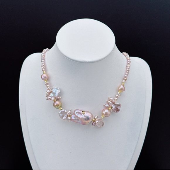 D44 Handmade Freshwater Baroque Pearl Necklace with Flame Ball Pendant - Picture 5 of 8